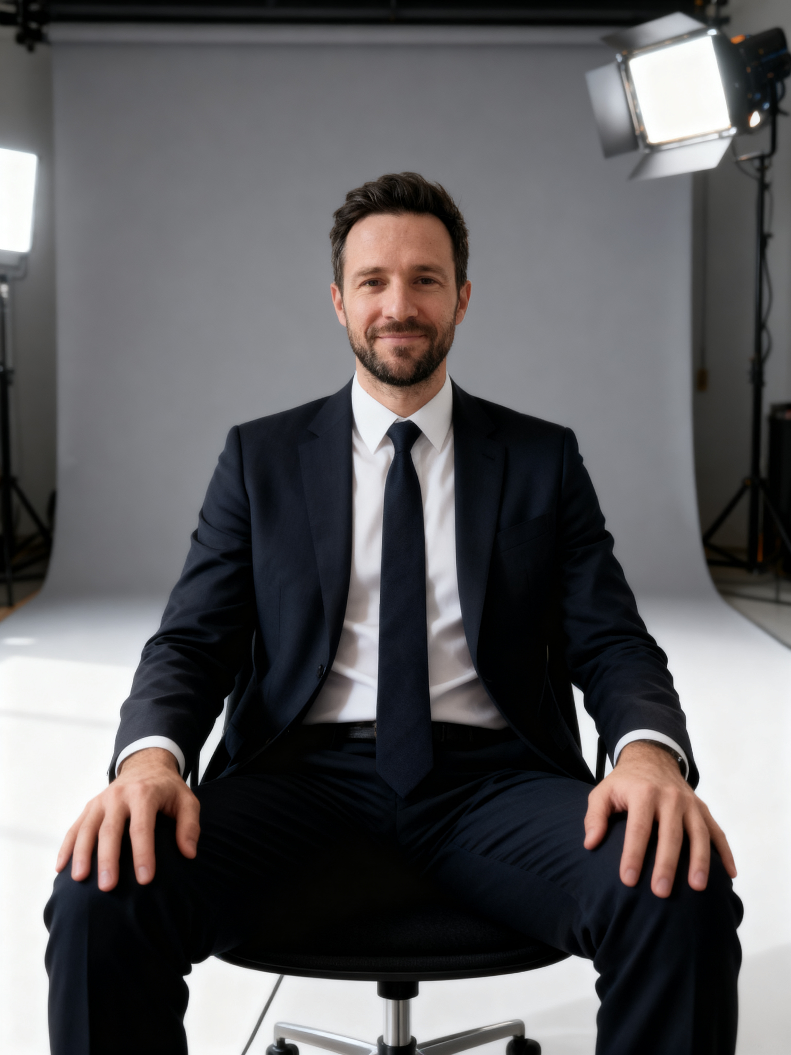 A hoodie selfie turned into a profile photo in a suit.