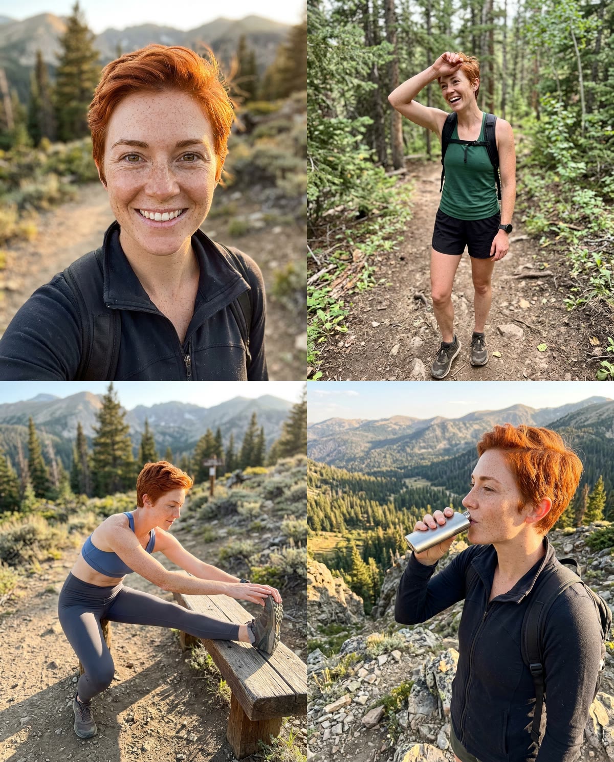 A fictional trail runner: a main portrait and three feed photos of the same person.